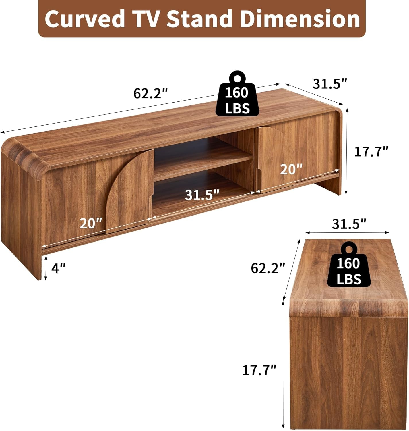 Walnut 63 Inch TV Stand Sliding Doors Entertainment