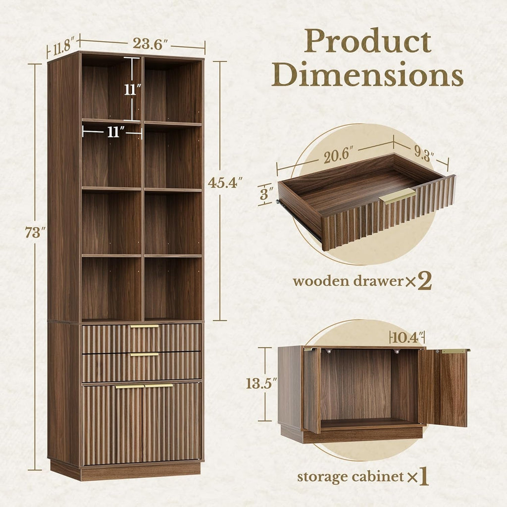 Seventy Three Inch Tall Black Walnut Bookcase With Doors Drawers
