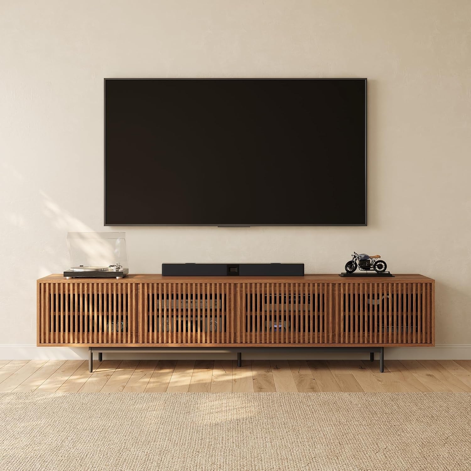 Contemporary TV Console With Slatted Doors Storage