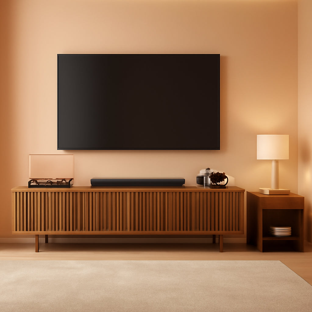 Contemporary TV Console With Slatted Doors Storage