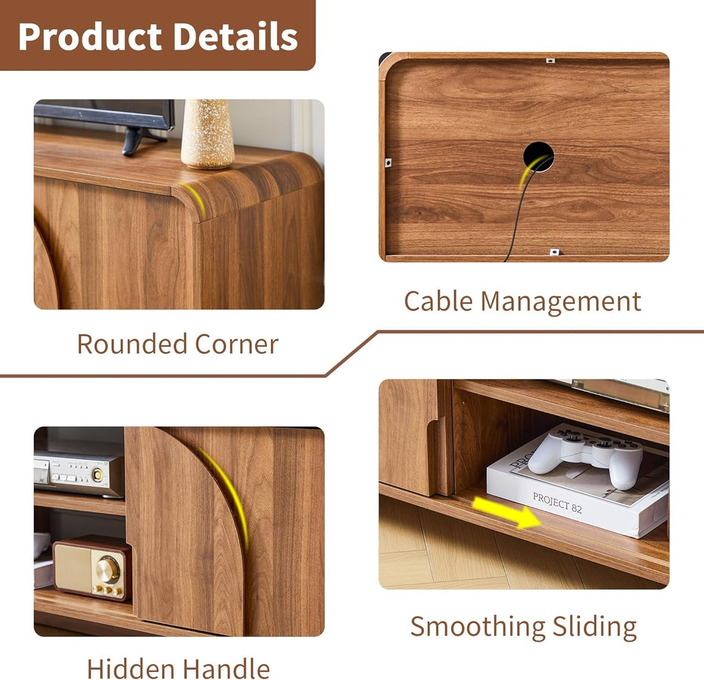 Walnut 63 Inch TV Stand Sliding Doors Entertainment
