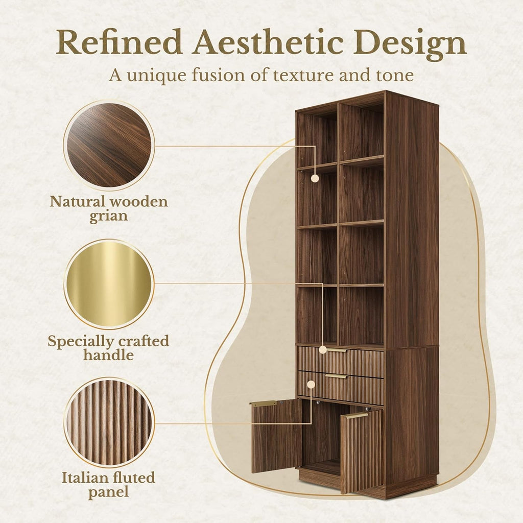 Seventy Three Inch Tall Black Walnut Bookcase With Doors Drawers