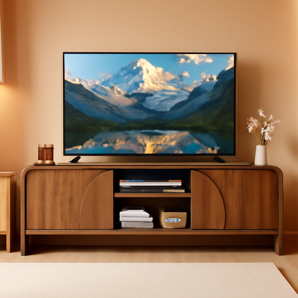 Walnut 63 Inch TV Stand Sliding Doors Entertainment