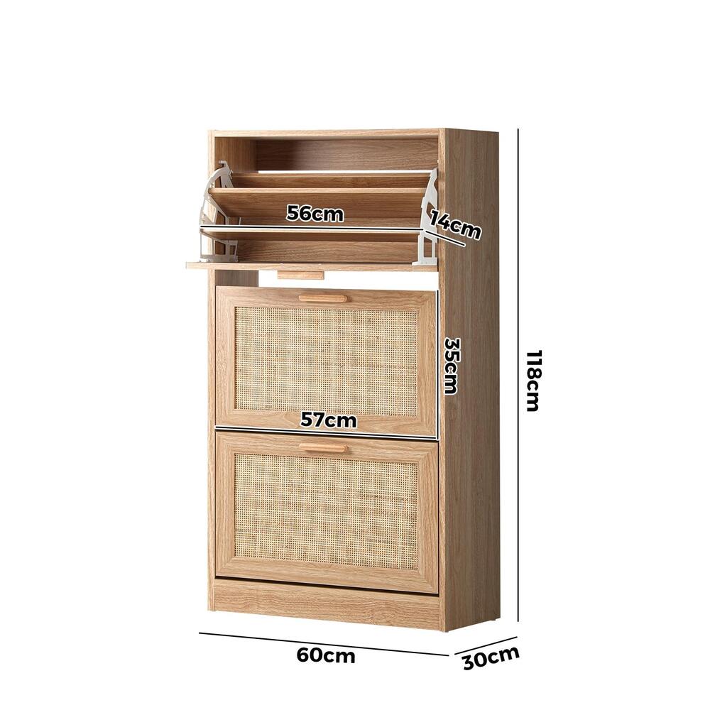 NNEED Shoe Cabinet 3 Compartment with Rows Rattan Doors