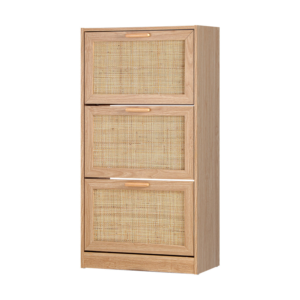 NNEED Shoe Cabinet 3 Compartment with Rows Rattan Doors