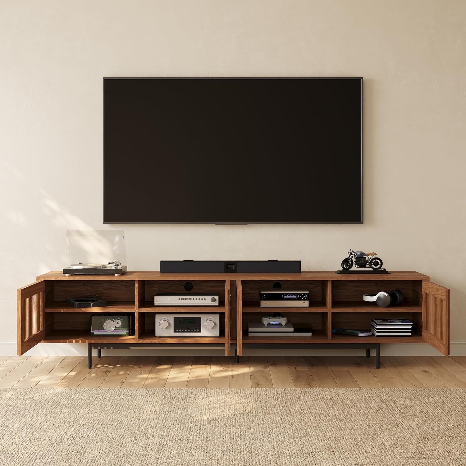 Contemporary TV Console With Slatted Doors Storage