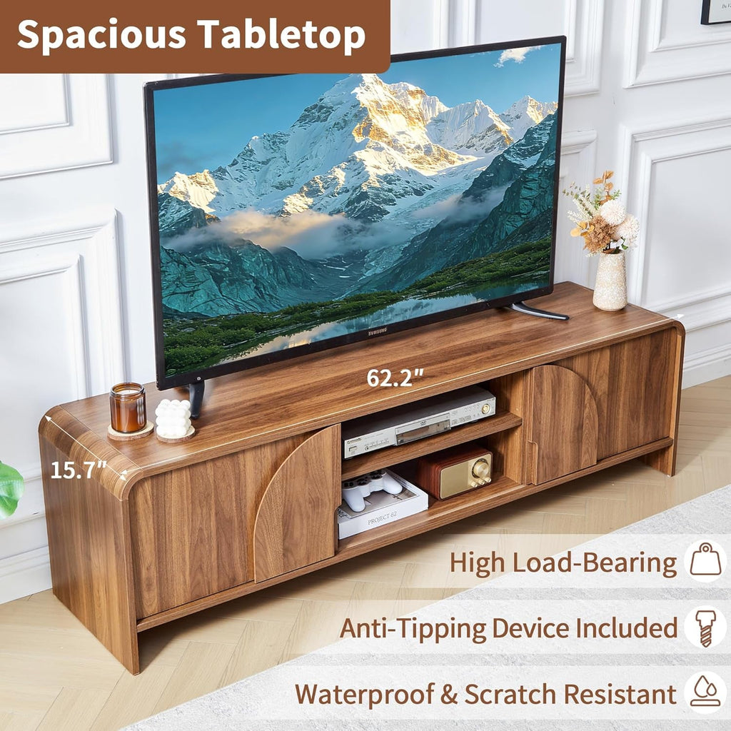 Walnut 63 Inch TV Stand Sliding Doors Entertainment