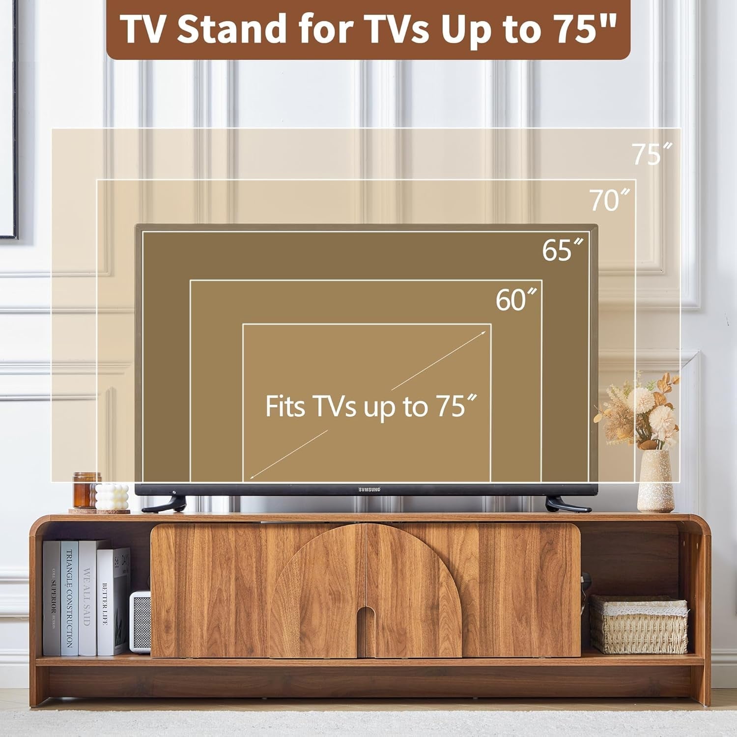 Walnut 63 Inch TV Stand Sliding Doors Entertainment