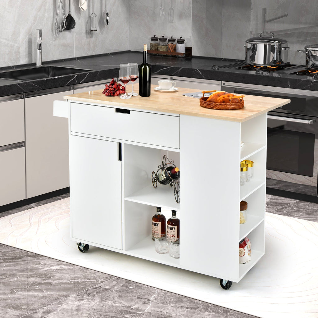 NNECW Drop-Leaf Rolling Kitchen Island with Rubber Wood Top &amp Drawer-White