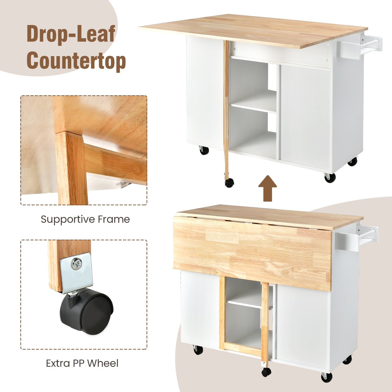 NNECW Drop-Leaf Rolling Kitchen Island with Rubber Wood Top &amp Drawer-White