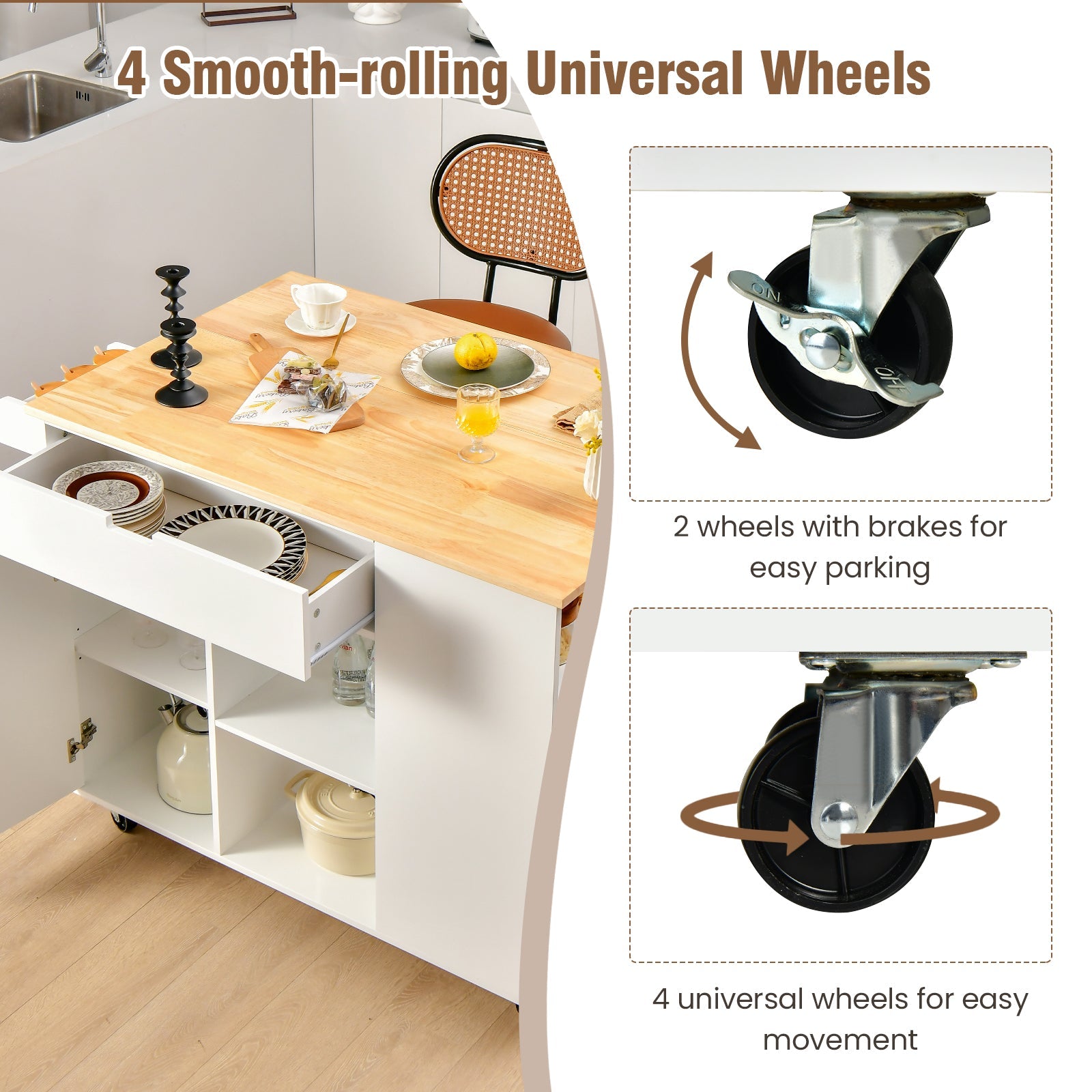 NNECW Drop-Leaf Rolling Kitchen Island with Rubber Wood Top &amp Drawer-White